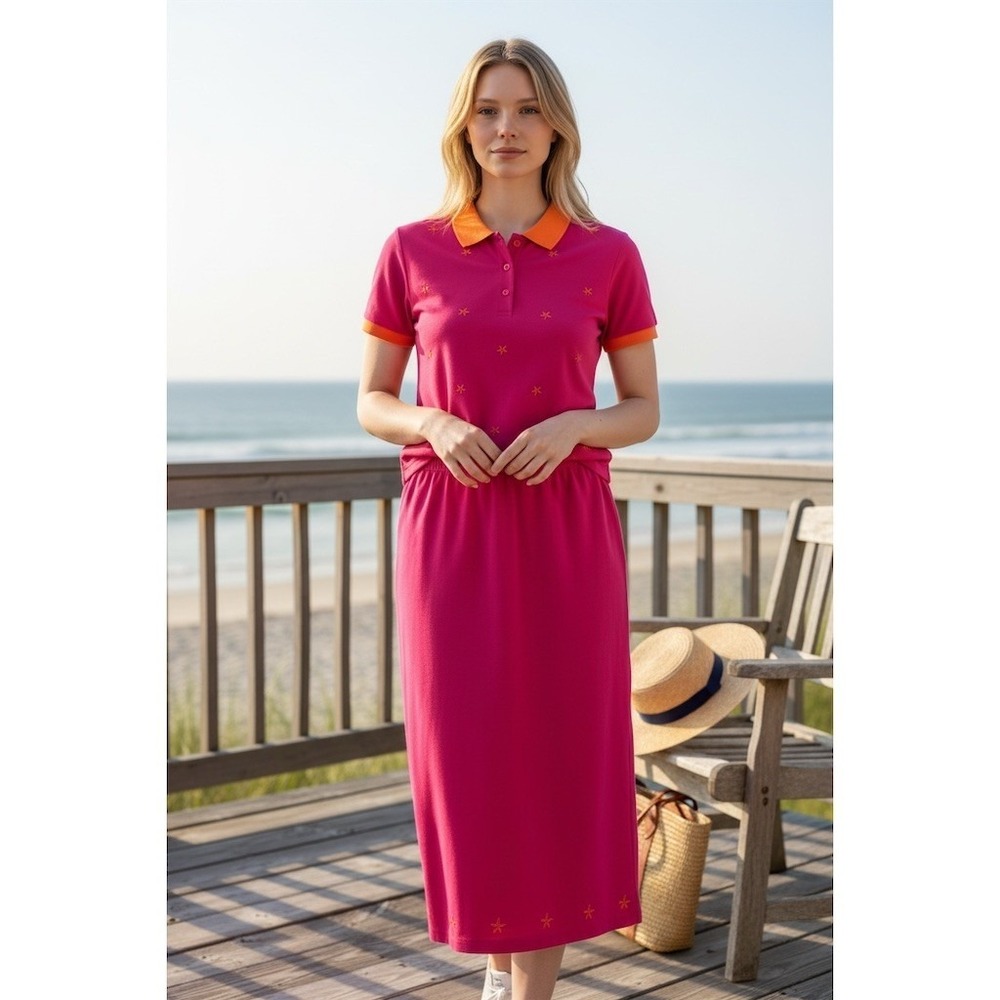 Quacker Factory 2-Piece Set XL Pink Polo Top Maxi Skirt coastal grandma starfish